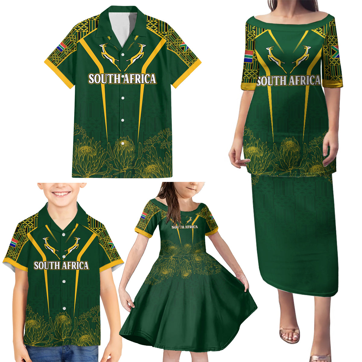 Personalised South African Heritage Day Family Matching Puletasi Dress and Hawaiian Shirt Kente Ethnic Patterns Mix Springboks - Wonder Print Shop