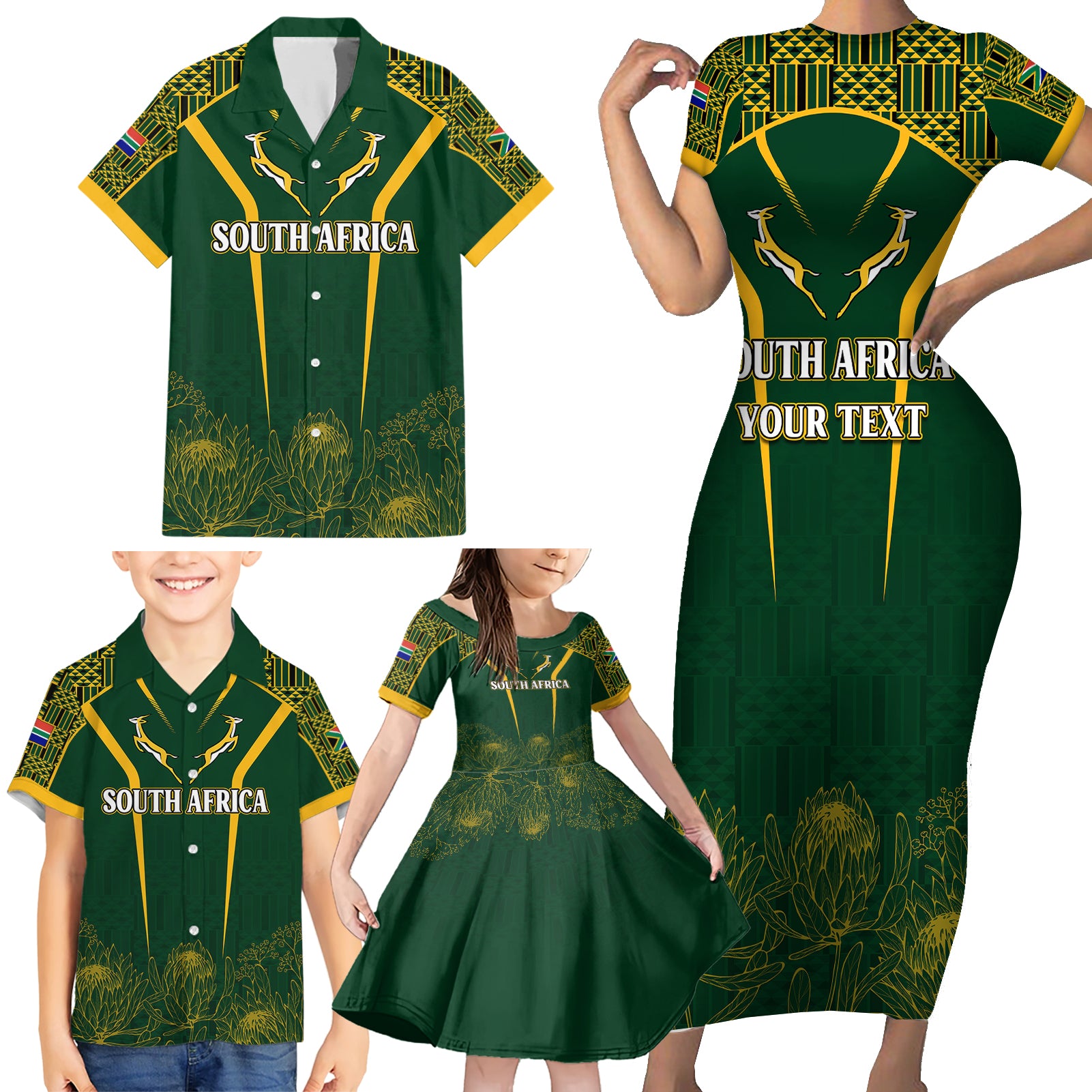 Personalised South African Heritage Day Family Matching Short Sleeve Bodycon Dress and Hawaiian Shirt Kente Ethnic Patterns Mix Springboks - Wonder Print Shop