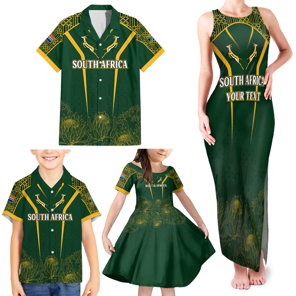 Personalised South African Heritage Day Family Matching Tank Maxi Dress and Hawaiian Shirt Kente Ethnic Patterns Mix Springboks - Wonder Print Shop