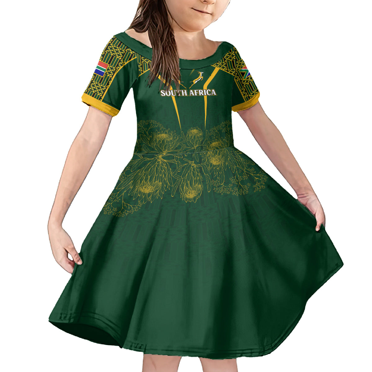 Personalised South African Heritage Day Kid Short Sleeve Dress Kente Ethnic Patterns Mix Springboks - Wonder Print Shop