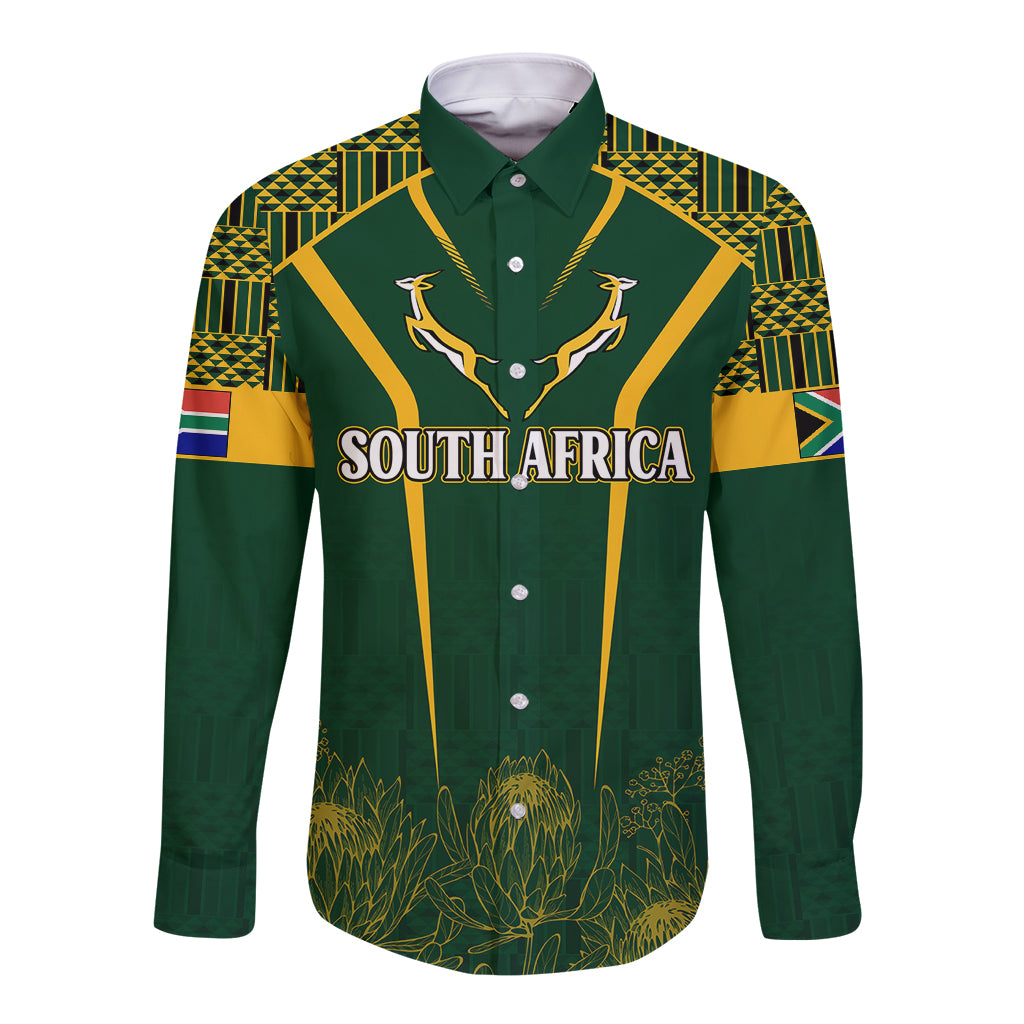 Green long-sleeve button shirt with Southafrica text and gold Kente-style panels