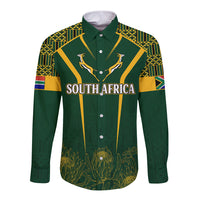 Green long-sleeve button shirt with Southafrica text and gold Kente-style panels