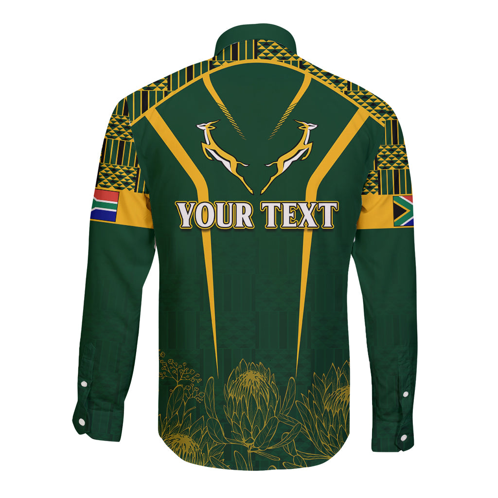 Green long-sleeve button shirt with Your Text back and gold Kente-style stripes
