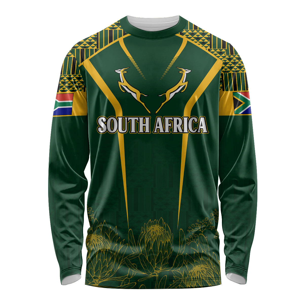 Personalised South African Heritage Day Long Sleeve Shirt Kente Ethnic Patterns Mix Springboks - Wonder Print Shop