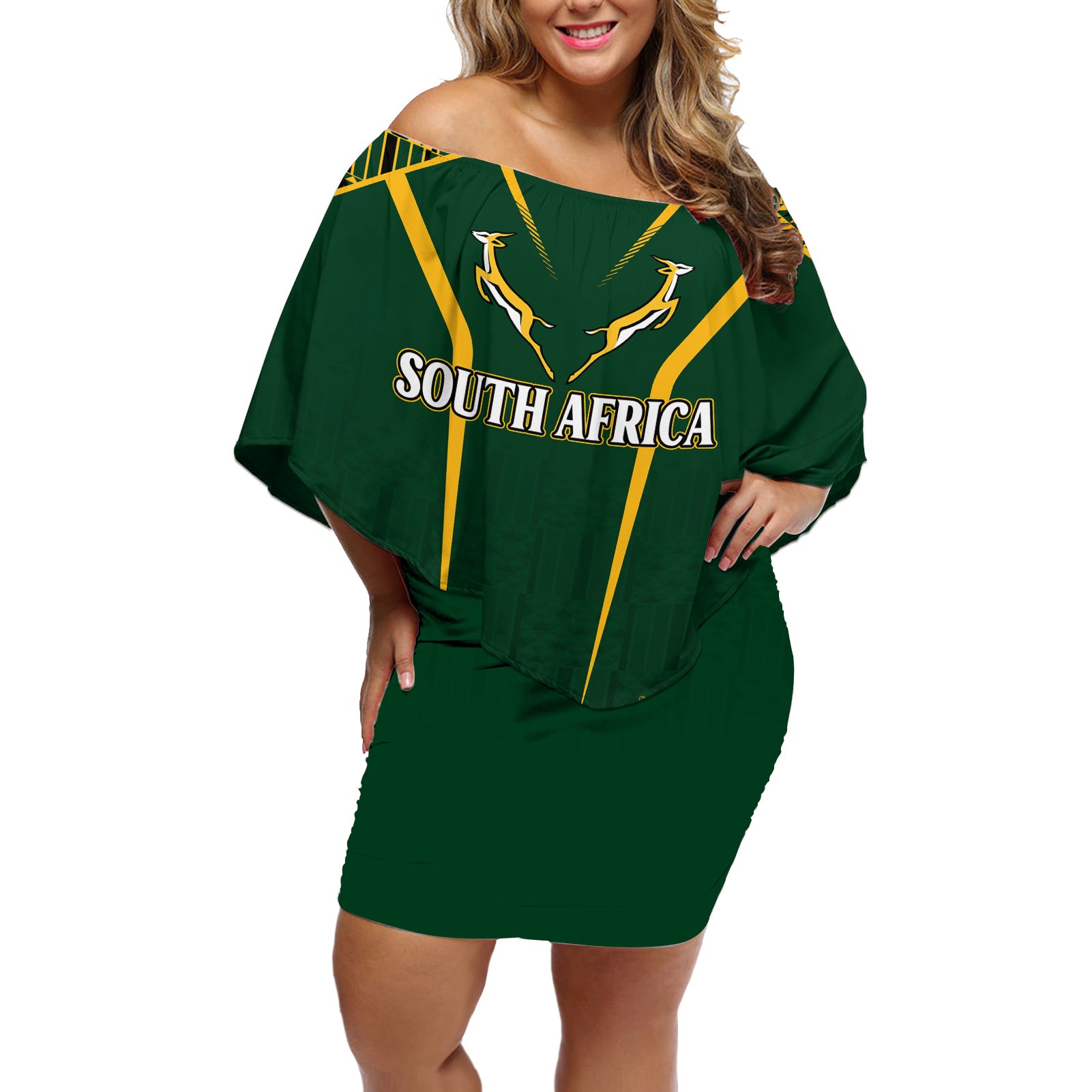 Personalised South African Heritage Day Off Shoulder Short Dress Kente Ethnic Patterns Mix Springboks - Wonder Print Shop