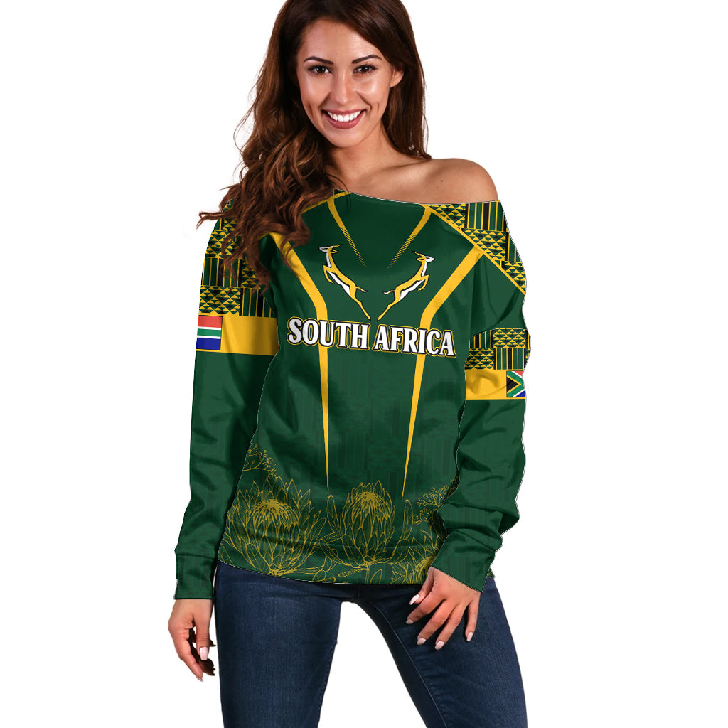 Personalised South African Heritage Day Off Shoulder Sweater Kente Ethnic Patterns Mix Springboks - Wonder Print Shop