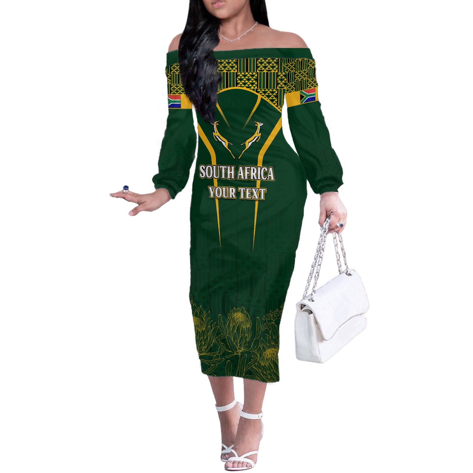 Personalised South African Heritage Day Off The Shoulder Long Sleeve Dress Kente Ethnic Patterns Mix Springboks - Wonder Print Shop