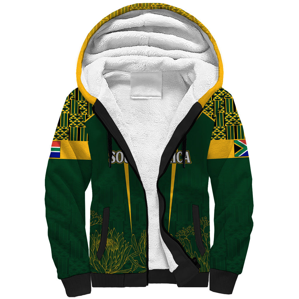 Personalised South African Heritage Day Sherpa Hoodie Kente Ethnic Patterns Mix Springboks - Wonder Print Shop