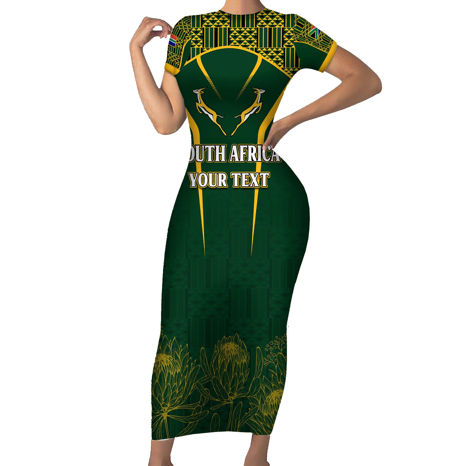 Personalised South African Heritage Day Short Sleeve Bodycon Dress Kente Ethnic Patterns Mix Springboks - Wonder Print Shop