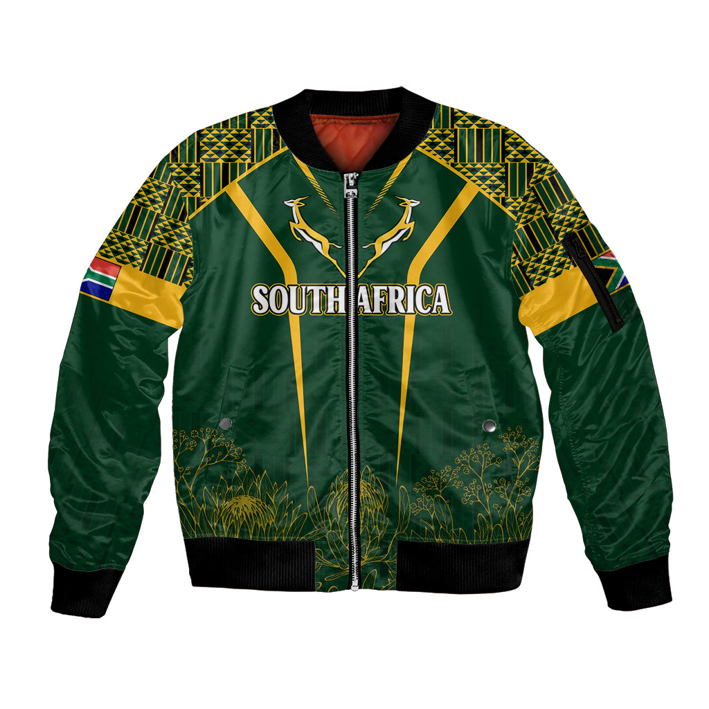 Personalised South African Heritage Day Sleeve Zip Bomber Jacket Kente Ethnic Patterns Mix Springboks - Wonder Print Shop