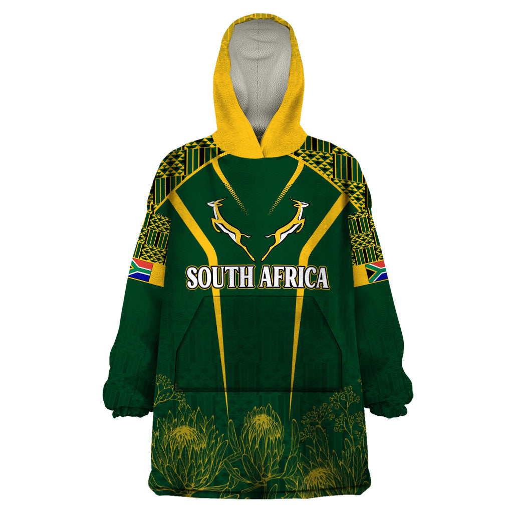 Personalised South African Heritage Day Wearable Blanket Hoodie Kente Ethnic Patterns Mix Springboks - Wonder Print Shop