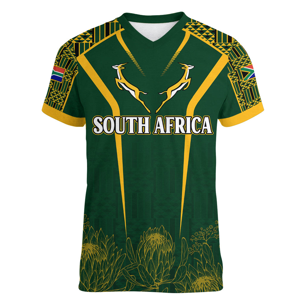 Personalised South African Heritage Day Women V Neck T Shirt Kente Ethnic Patterns Mix Springboks - Wonder Print Shop