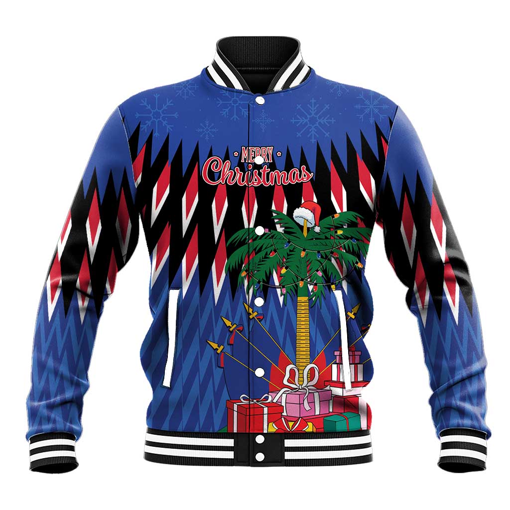 Blue baseball jacket with holiday graphics, Santa hat, and Merry Christmas front