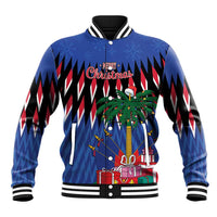 Blue baseball jacket with holiday graphics, Santa hat, and Merry Christmas front
