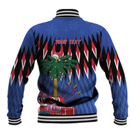 Blue baseball jacket back with your text, Christmas tree scene, and zigzag stripes