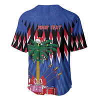 Blue baseball jersey back, V-neck with YOUR TEXT and festive palm-tree Christmas design