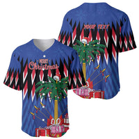 Blue baseball jersey front and back, V-neck; Merry Christmas and YOUR TEXT holiday graphics