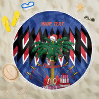 Round blue beach blanket with white fringe, red/black chevrons, Christmas graphic and YOUR TEXT