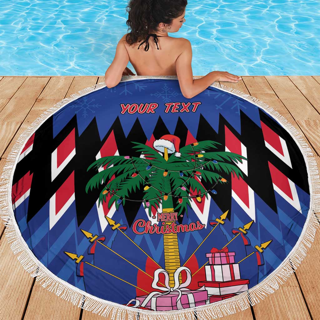 Round blue beach blanket with white fringe, Christmas tree graphic, red/black chevron stripes