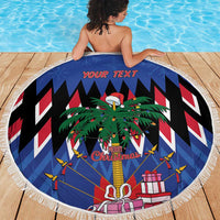 Round blue beach blanket with white fringe, Christmas tree graphic, red/black chevron stripes