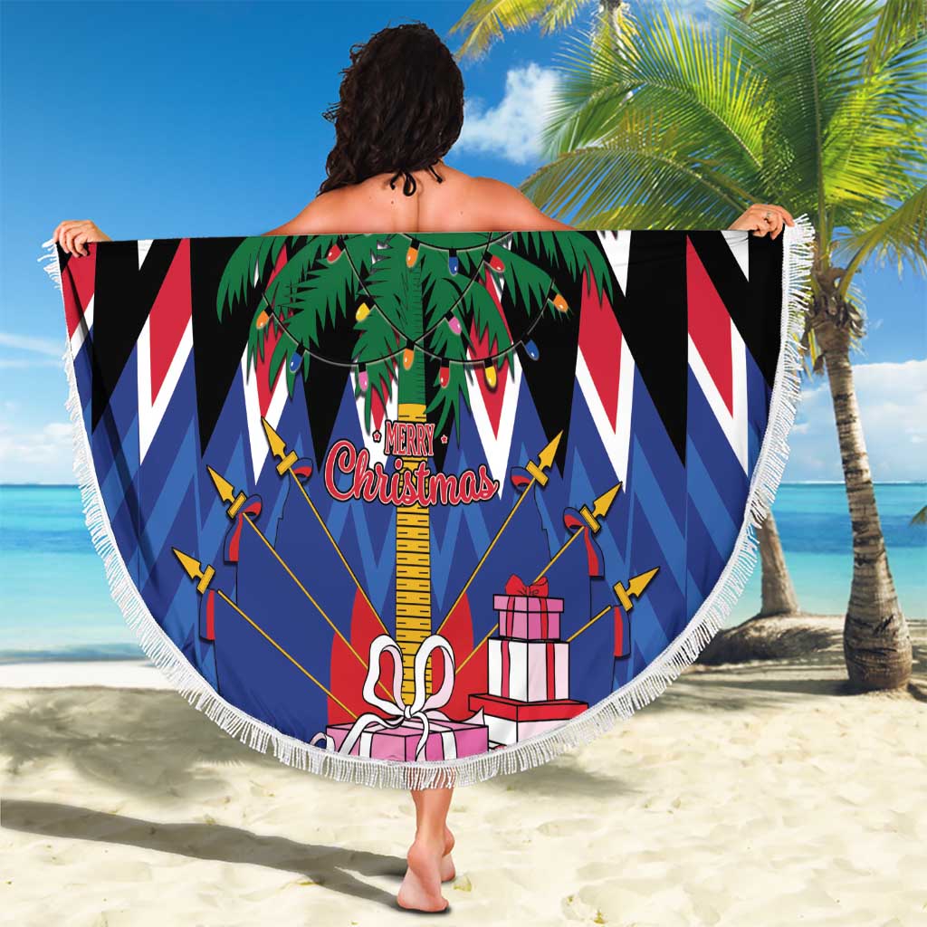 Round blue beach blanket with white fringe, Christmas gifts and tree design, palm theme