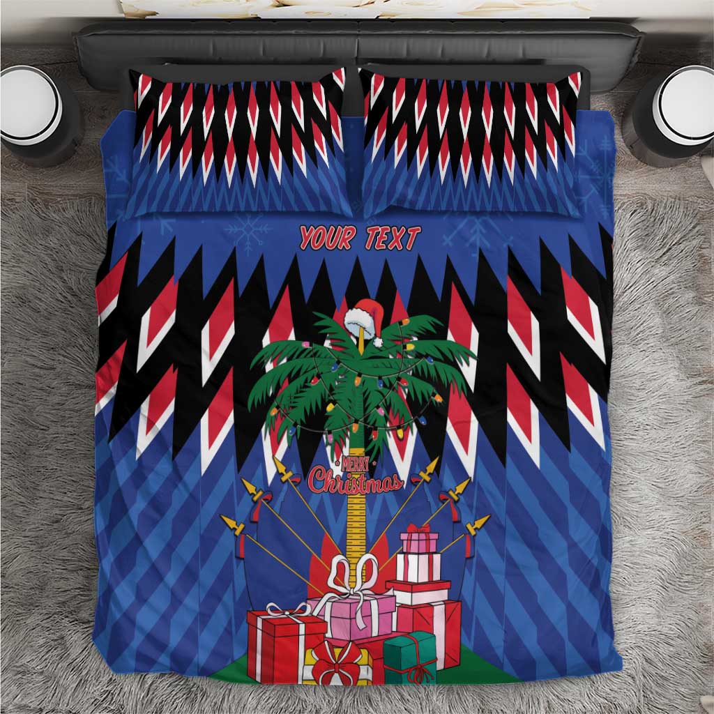 Blue Christmas bedding set with black-and-white zigzag pattern and gifts graphic