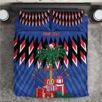 Blue Christmas bedding set with black-and-white zigzag pattern and gifts graphic