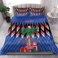 Blue Christmas duvet set with zigzag pattern, pine wreath, gifts, and red “YOUR TEXT”