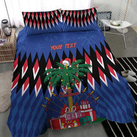 Blue Christmas bedding set featuring pine wreath, gifts, zigzag border, and “YOUR TEXT”