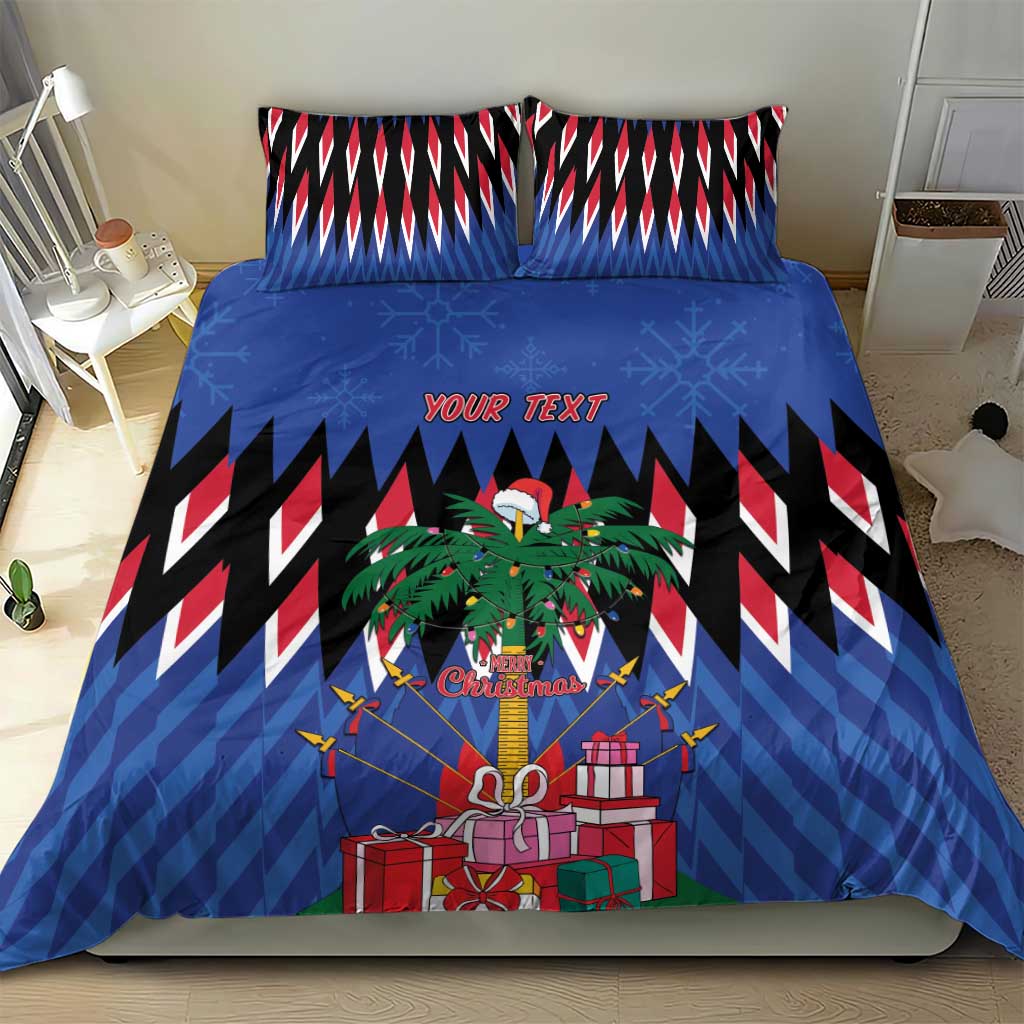 Blue Christmas duvet set with zigzag stripes, pine wreath, and gift boxes on quilt