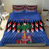 Blue Christmas duvet set with zigzag stripes, pine wreath, and gift boxes on quilt