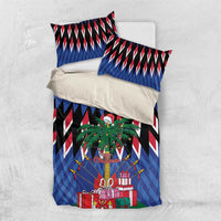 Blue and black Christmas bedding set with zigzag pattern, pine wreath, and gifts