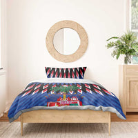 Blue Christmas bedding set with zigzag pattern, pine wreath centerpiece, and gifts
