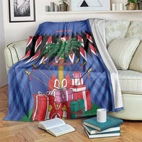 Blue Christmas blanket with palm tree, gifts, and "YOUR TEXT" "Christmas" design