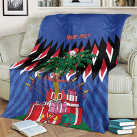 Blue Christmas blanket on couch with palm tree, wrapped gifts, and "YOUR TEXT" heading
