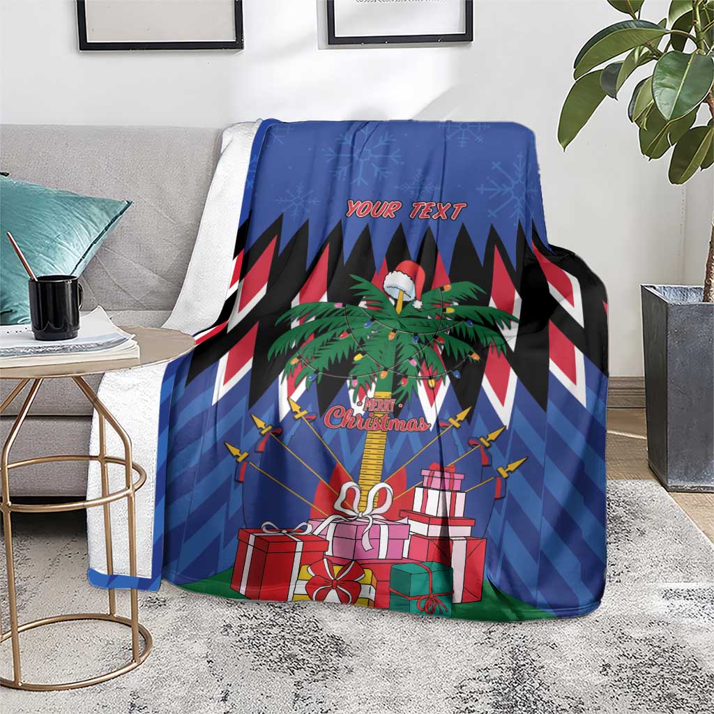 Blue Christmas blanket over chair with palm tree and gift graphics; "YOUR TEXT" text