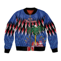 Blue unisex bomber jacket with black ribbed trim, front zip, Christmas graphic with gifts