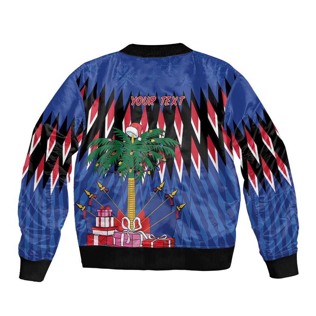 Blue unisex bomber jacket with black ribbed trim, back has custom 'YOUR TEXT' and Christmas tree