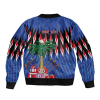 Blue unisex bomber jacket with black ribbed trim, back has custom 'YOUR TEXT' and Christmas tree