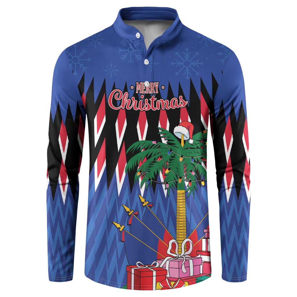 Blue long-sleeve button sweatshirt with Merry Christmas graphic and candy-cane stripes
