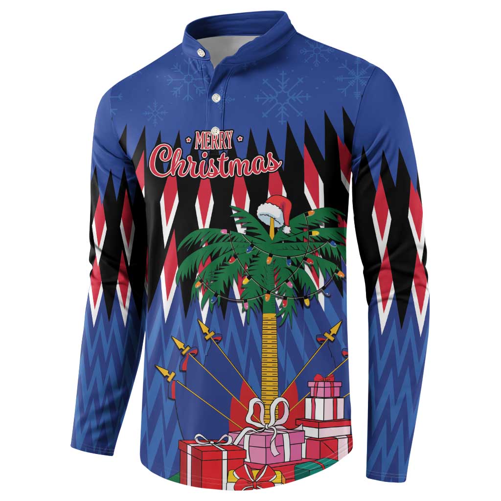 Blue long-sleeve button sweatshirt with Merry Christmas, tree and candy-cane stripes