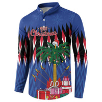 Blue long-sleeve button sweatshirt with Merry Christmas, tree and candy-cane stripes