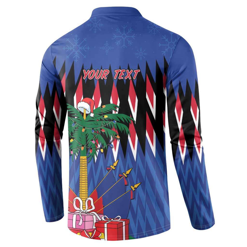 Blue long-sleeve button sweatshirt back with YOUR TEXT and Christmas tree, gifts
