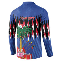 Blue long-sleeve button sweatshirt back with YOUR TEXT and Christmas tree, gifts