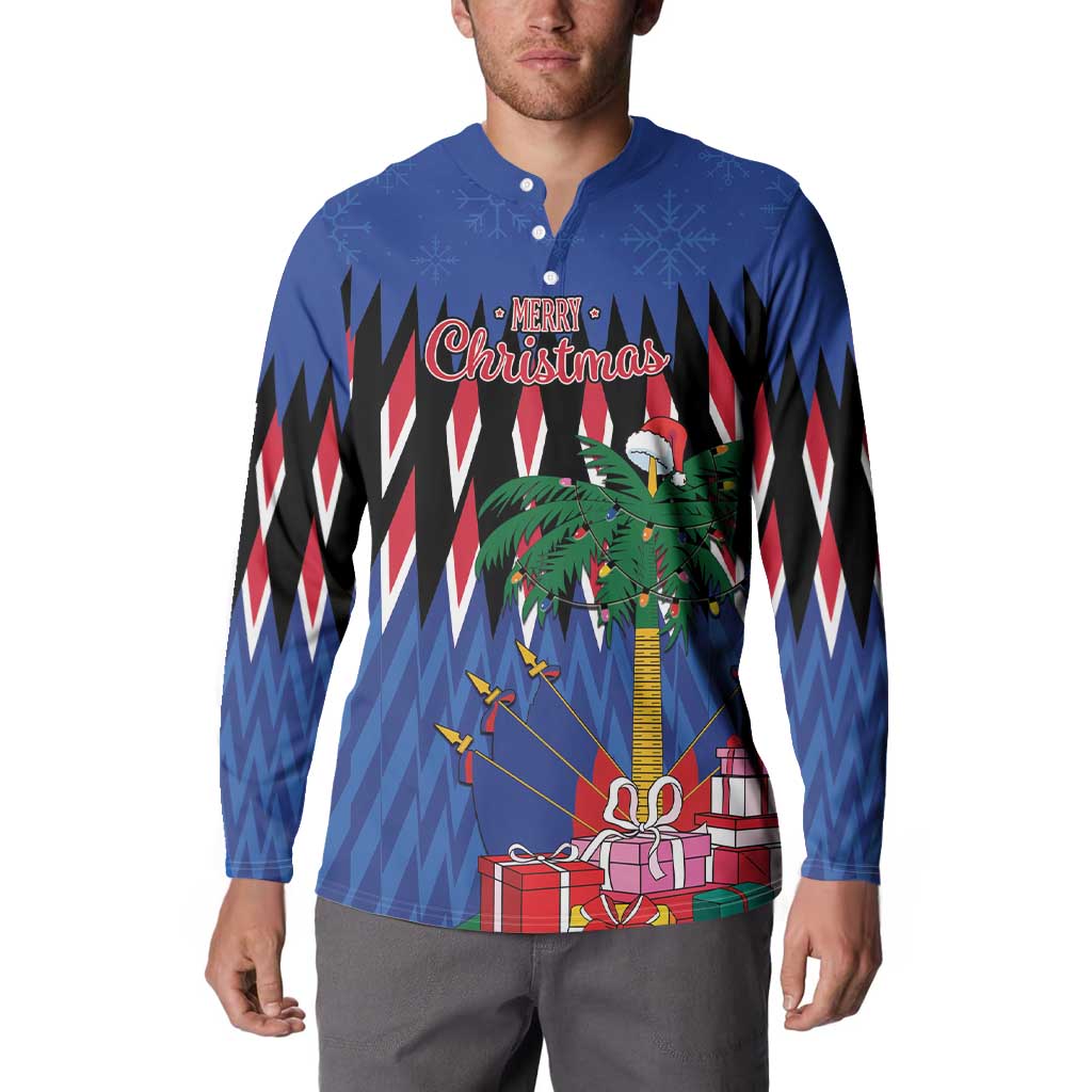 Blue long-sleeve button sweatshirt with Merry Christmas graphic, tree, and wrapped gifts