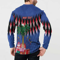 Blue long-sleeve button sweatshirt back with YOUR TEXT, Christmas tree and gifts