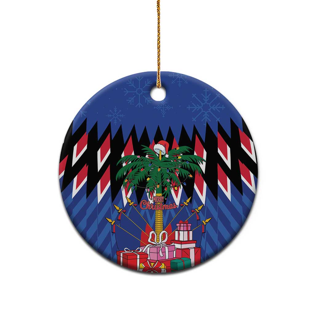 Blue round ceramic Christmas ornament with gold loop and hanging hole, single view