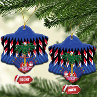 Blue bell-shaped ceramic Christmas ornament with gold hanger; front and back views