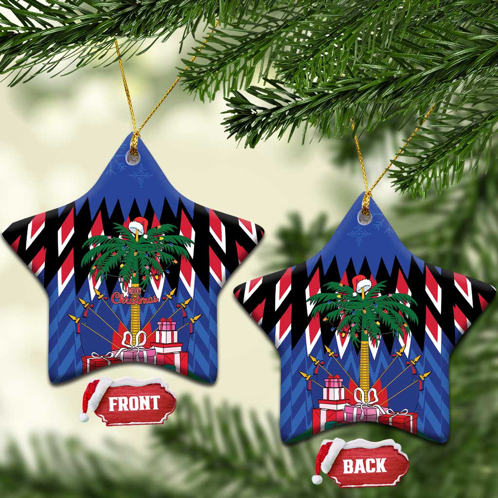Blue star-shaped ceramic Christmas ornament with gold hanger; front and back views