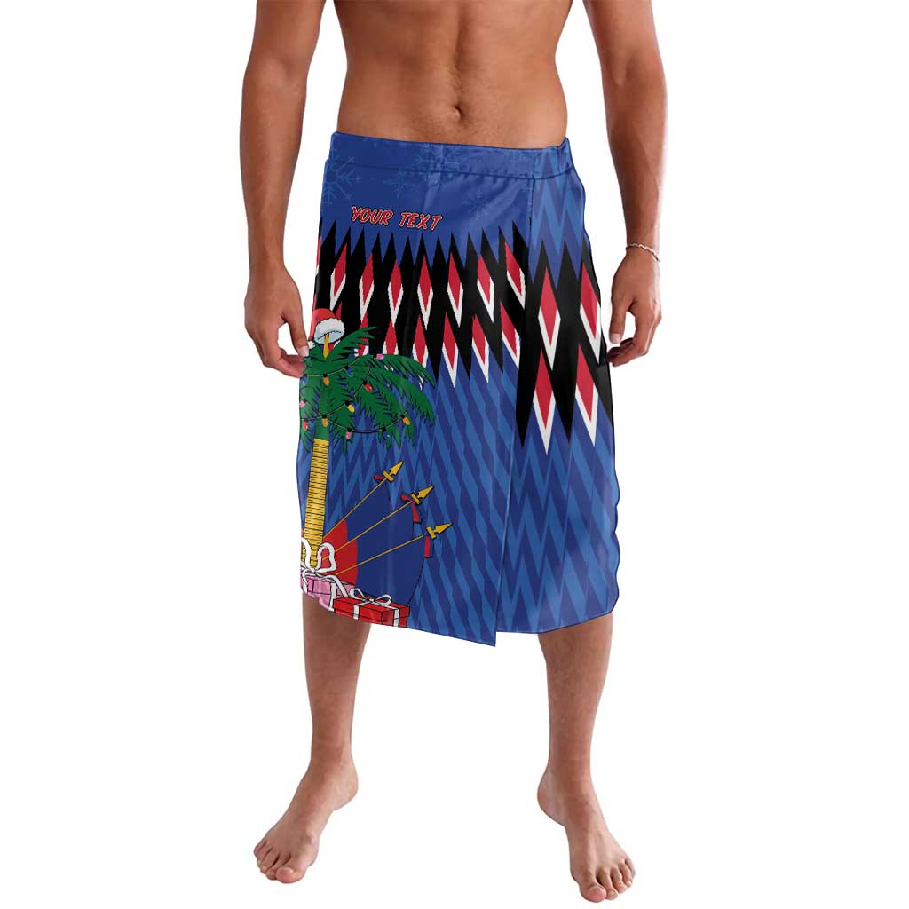 Men's blue graphic lavalava with elastic waistband, zigzag red and white design